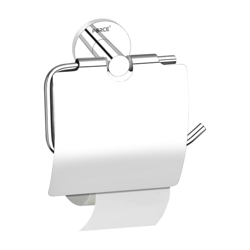 Image of Force Toilet Paper Roll Holder with Round Chrome Finish - Wall Mounted Stainless Steel 304 with Brass Base - Bathroom Tissue Roll Holder with Built-in Shelf - Rustproof, Durable & Elegant Design