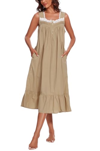 Image of AVIIER 100% Cotton Nightgowns for Women Sleeveless Sleep Dress Ladies Gowns Sleepwear with Pockets