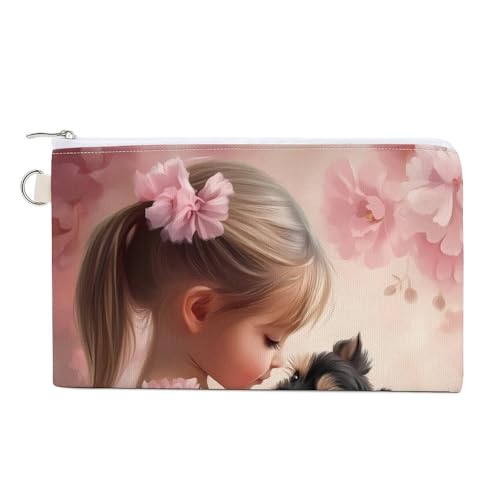 Best Friend Girl And Yorkie Coin Purse Canvas Change Pouch Portable Pocket Wallet Mini Storage Bag with Zippered Keychain