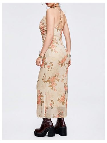 Image of SOLY HUX Women's Floral Mesh Bodycon Cami Dress Cowl Neck Sleeveless Cocktail Party Wedding Guest Long Maxi Dresses
