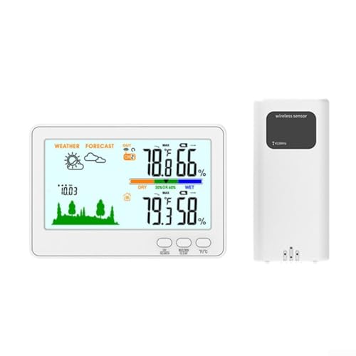 Estación meteorológica inalámbrica con termómetro e higrómetro, pantalla LCD para temperatura y humedad interiores y exteriores, señal de 433 MHz con función de pronóstico del tiempo (blanco)