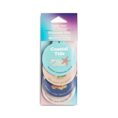 Image of Happy Wax Summer Mix Car Charms 4-Pack Included Scents: Coastal Tide, Bronzed Coconut, Tropical Citrus, Florence