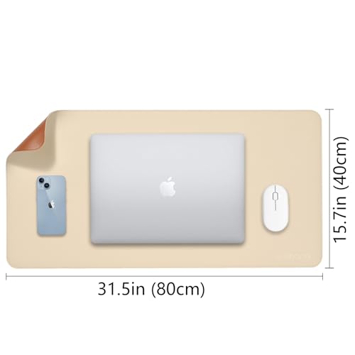 Image of AROPANA Vegan Leather Desk Mat | Large Reversible Mouse Pad & Computer Table Protector | Dual-Side Waterproof Extended Laptop Pad with Edge-Stitched Design (80x40CM, White and Coffee)