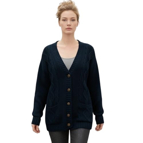 LUXE DIVA New Womens Everyday Long Sleeve Button Top Ladies Chunky Aran Cable Knit Grandad Cardigan UK Size 8-26 Navy