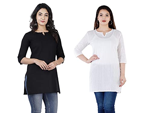 Image of Women Cotton Solid 3 /4th Sleeve V-Neck Short Kurta