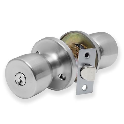 XFORT Juego de Pomos de Entrada, Cromo Satinado, Cerradura de Puerta de Diseño de Tulipán con Llave y Mecanismo de Giro del Pulgar, Seguridad Adicional en el Hogar, La Oficina o El Lugar de Trabajo