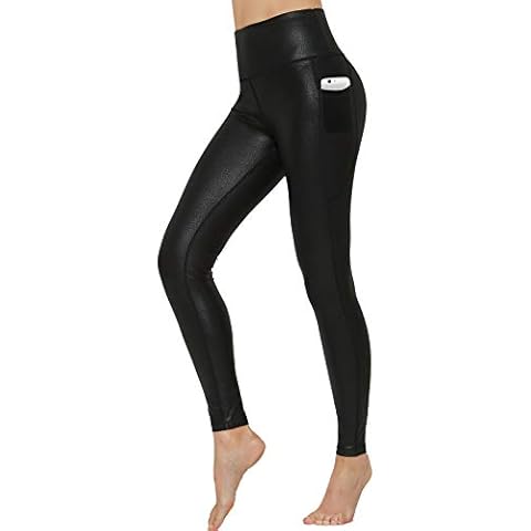 HARTPOR Women's Faux Leather Coated Capri Legging Stretch High Waist Pocketed Workout Tights Yoga Pants - black - XXL Cover
