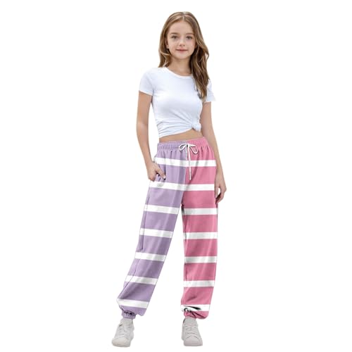 Girls Color Block Striped Sweatpants Athletic Drawstring Joggers Loose Cute Track Pants with Pockets for Kids 3-14 Years4