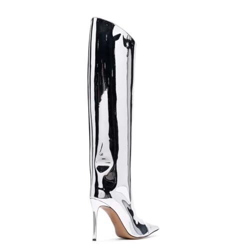 Arqa Knee High Boots for Women Wide Calf 4 in Stiletto High Heel Metallic Boots Winter Chrome Zipper Long Boots Dressy Party Shoes4
