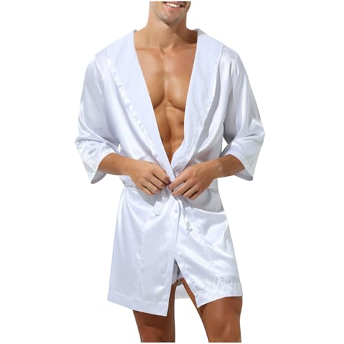 Cambkatl Men's Summer Satin Robe Short Silky Kimono Bathrobe with Hood, Lightweight Soft Loungewear Nightwear