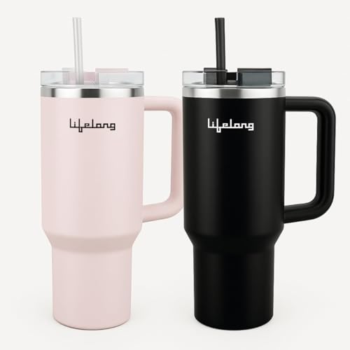 Lifelong Double-Walled Vacuum Insulated Tumblers 1200ml | Set of 2 | Unbreakable Tritan Lids, Stainless Steel Straws & Straw Cleaner | Hot 8 Hrs Cold 12 Hrs | Durable Steel with Handle (LLTBRCB1)