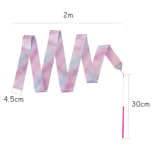 FuzlPnag 2 Stück Gymnastikband mit Stab,2M Regenbogen Bänder für Gymnastik,Rhythmische Sportgymnastik Band Tanzbänder,für Mädchen Kinder Kunsttänze Training Zirkus Party