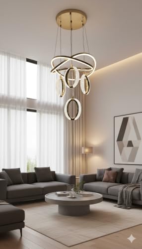 Image of Premium Modern LED Hanging Light for Living Room, Bedroom, Dining, Hall & Office | Decorative Golden Pendant Ceiling Lamp for Home Decor, Stylish Ceiling Lights (Golden Orbit, Medium)