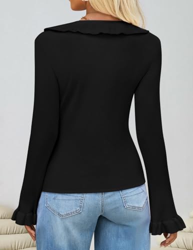 ZESICA Womens 2025 Fall Tie Front Bow Cardigan Sweaters Long Bell Sleeve V Neck Ruffled Knit Cropped Trendy Tops3