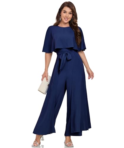 DGHBVS One Piece Jumpsuits for Women Spring Summer Dressy Formal Pantsuits Tie Knot Waist Rompers Flattering Jumpsuits Wedding Guest Gowns Navy Blue XL