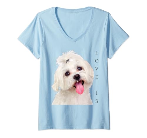 Mujer Bichon Maltesa Camisa Perro Mamá Papá Cachorro Bichon Frise Malta Camiseta Cuello V