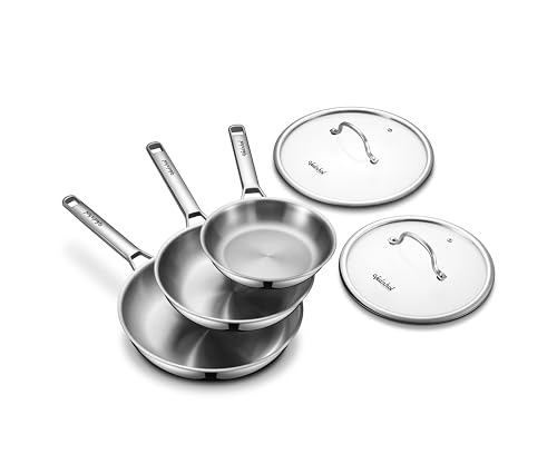 Image of Stainless Steel Frying Pan Set with Lids 8 inch&10 inch&12 inch,8 Inch Skillet+10&12 Inch Stainless Steel Pans with Lids,Frying Pan,Tri-Ply,PFOA&PTFE Free,Dishwasher&Oven Safe,Induction Compatible