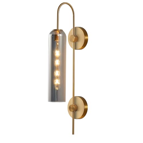 Image of BOKT Brushed Brass Gold Wall Mounted Sconce Mid Century Modern Smoke Gray Glass Wall Sconce Light Single Bathroom Bedroom Wall Lighting Fixtures for Living Room Hallway Kitchen Mirror (Smoke Gray)