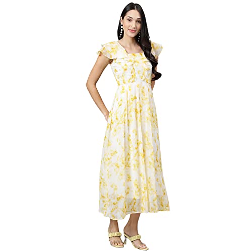 Image of Latin Quarters Women's Yellow Half Sleeve Printed Maxi Dress