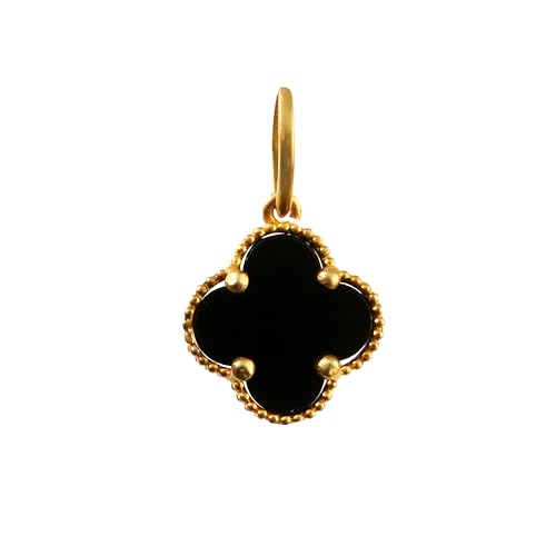 Vintage Black Onyx Clover Pendant, 18k Solid Gold Beaded Frame, Fashion Jewelry Charm