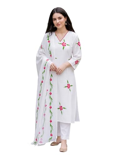 Image of INDO ERA Women's Pure Cotton Floral Printed Thread Work Kurta & Pant with Dupatta Set | Cotton Kurta Set For Woman