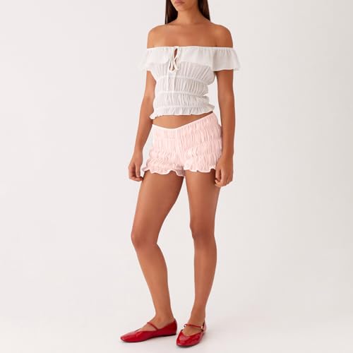Image of NUFIWI Women's Y2k Ruched Mini Shorts Low Waist Ruffle Frill Bloomers Lounge Pajamas Smocked Micro Shorts Sleepwear