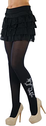 Image of ToBeInStyle Women's Opaque Pantyhose Tights w /Silver Metallic Dragon Print