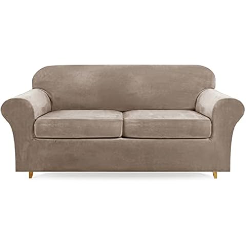 Lamberia High Stretch Sofa Cover for 2 Cushion Couch Loveseat Cover 3 Pieces Thick &Washable Plush Velvet Sofa Slipcover Couch Cover Furniture Protector for Dogs,Pets&Kids（Loveseat-L,Taupe Cover