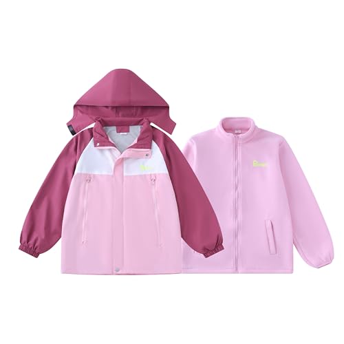 ELUCKFACE Kids Windproof 3-in-1 Winter Jacket, Hooded Water-Resistant Thick Coat with Detachable Fleece for Boys Girls Lightweight Pink 7-8 Years