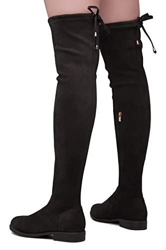 Herstyle Secret Obsession Women’s Thigh High Stretchy Boots Low Block Heel Side Zipper Back Lace Over The Knee Casual Boots Black 8.0 #TOP6