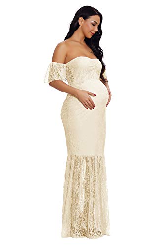 ZIUMUDY Women's Off Shoulder Ruffle Sleeve Lace Mermaid Maternity Baby Shower Gown Maxi Photography Dress3