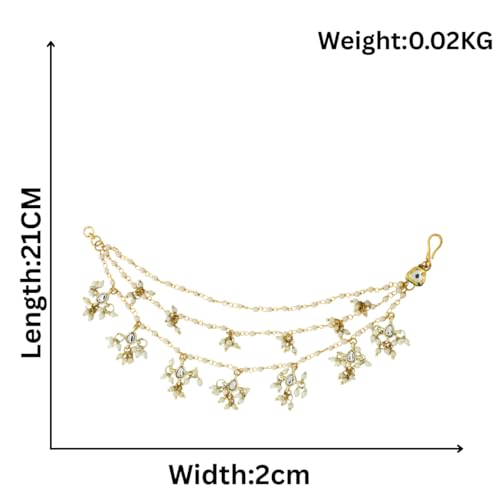 Image of Traditional Gold Plated Alloy Ear Chain Pair with Kundan & Pearl Dangling Design | 3 Layer Bridal Ear Chain for Women
