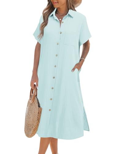 Image of Zeagoo Women Dresses Summer Casual Short Sleeve Button Down Shirt Dresses 2026 Beach Cover Up with Pockets