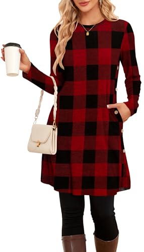 SENBATU Pulloverkleid Damen Winter-Herbst-Swing-Weihnachtskleider für Damen mit Taschen Rot Schwarz kariert Klein