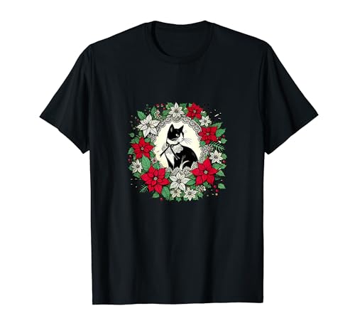 Tuxedo Cat Christmas Illustration Black and White Cat Yule T-Shirt