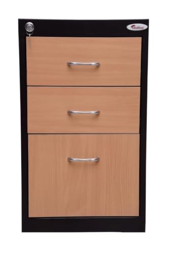 Image of Amazon Brand - Solimo 3 Drawer Steel Pedestal Cabinet | Lockable Powder Coated Filing Cabinet for Files, Documents & Stationery | Office Storage Unit (Brown, Pedestal with Levellers)