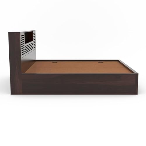 Image of Solid Wood Bed with Storage | Modern Wooden Bed with Slatted Headboard | Strong & Durable Bed Frame for Bedroom Home & Hotel (Walnut Finish, Queen)