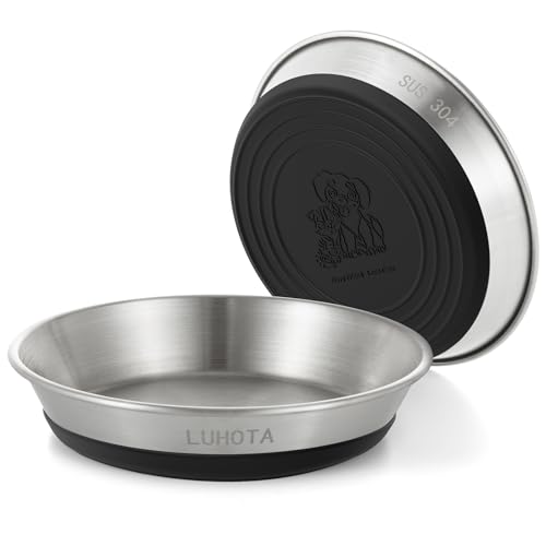2 Pcs Stainless Steel Cat Bowls Shallow Wide Food Water Bowls with Non-Slip Silicone Base Dishwasher Safe for Cats Kittens Small Dogs Indoor Outdoor Use