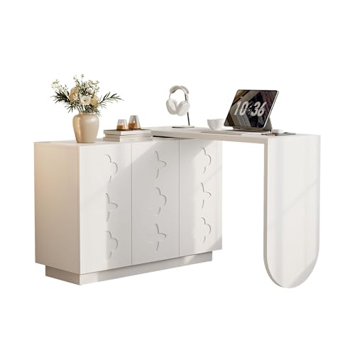 Escritorio giratorio en forma de L, mesa para ordenador con espacio de almacenamiento y armario, escritorio esquinero que ahorra espacio, giratorio 360°, moderna mesa de oficina en blanco natural para