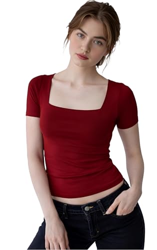 Image of SIGHTBOMB SOFTLINE SQUARE NECK DOUBLE LAYER SHORT SLEEVE MICROFIBER CUDDLE TEE AFFORD LUX EDITION FEATHER TOUCH TOP FOR WOMEN