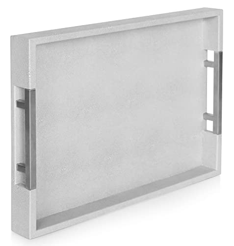 Home Redefined 18”x12” Natural Ivory Beige Rectangle Shagreen Faux Leather Decorative Serving Tray with Metal Handles