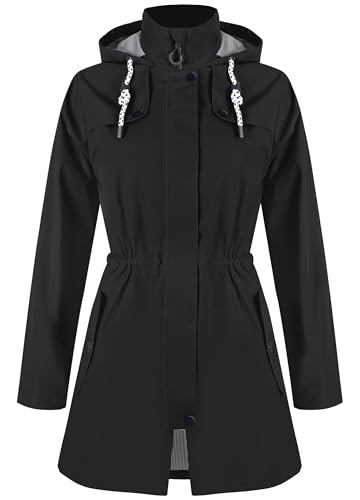 Zdoynto Regenjacke Damen Wasserdicht Lang Gefüttert Regenmantel mit Kapuze Übergangsjacke Softshelljacke Outdoorjacke Trenchcoat Outdoor Wandern Schwarz M