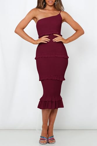 Image of PRETTYGARDEN Women's Summer Midi Bodycon Dresses One Shoulder Strappy Tiered Ruffle Floral Boho Sun Dress