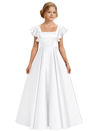 dideyttawl Girls Satin White Prom Ball Gown A-Line Long Princess Dress Maxi Ruffle Sleeves Junior Bridesmaid Square Neck Flower Girl Dresses Pageant Formal Party Frocks 4