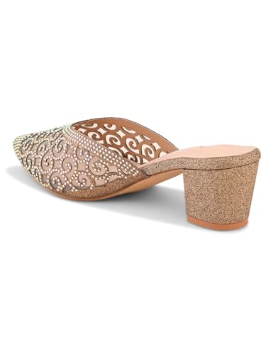 Image of XE Looks Women's Rhinestone Embellished Pointed Toe Mule Heels | Soft Cushioned Insole | Comfortable Stylish Slip-On Block Heel Sandals for Girls & Women
