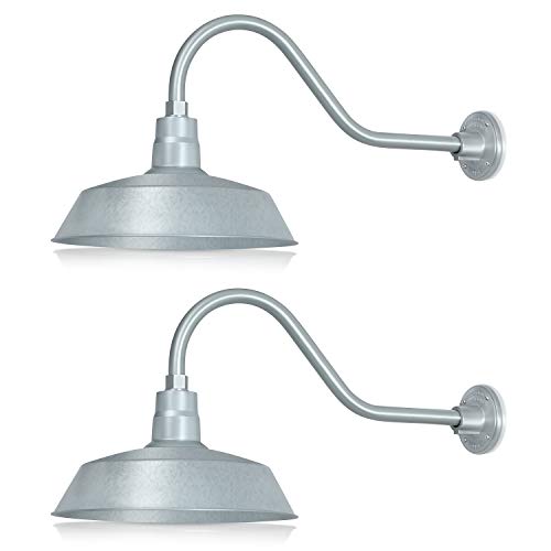 Image of 14in. Galvanized Finish Outdoor Gooseneck Barn Light Fixture With 22in. Long Extension Arm - Wall Sconce Farmhouse, Antique Style - UL Listed - 9W 900lm A19 LED Bulb (5000K Cool White) - 2-Pack