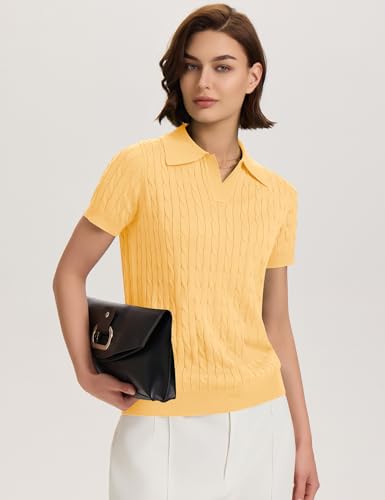 Image of Micoson Womens Short Sleeve Sweater Tops Lapel V Neck Polo Shirts 2026 Summer Cable Knit Loose Blouse Business Casual Outfits