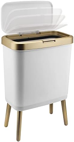 Trash Can with Lid, Plastic Garbage Can with Push Button, Narrow Modern Waste Basket for Kitchen, Slim Dogproof Bedroom Garbage Bin , 15L Bathroom Trash Can for Home, Living Room, Toilet, Office (White)