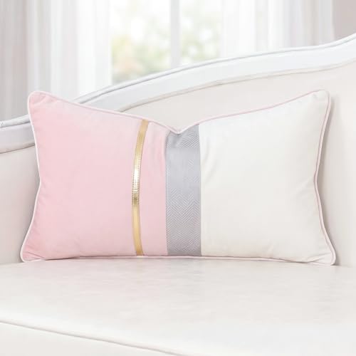 PANOD Patchwork Pink Silk-Like Velvet Throw Pillow Cover with Gold Striped Leather Cushion Case Modern Luxury Lumbar Pillowcase for Sofa Couch Bedroom Living Room Home,12x20 inch