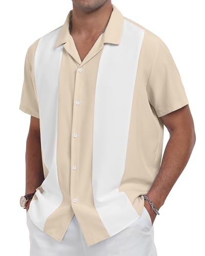 YTD Camisa masculina vintage de boliche, manga curta, abotoada, verão, Cuba Beach, Cáqui Branco, 3G